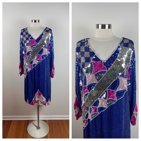 Vintage Blue Silver Pink Check Plaid Beaded Sequin Glam Cocktail Dress Party - Picture 1 of 7